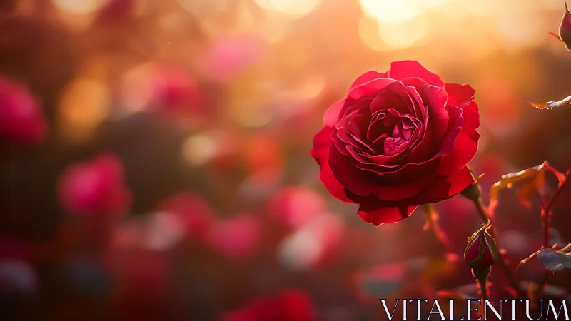 Red Rose in Golden Light with Blurred Garden Depth.