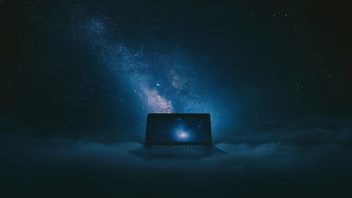 Laptop portal glows against a vast, star-filled cosmic sky.