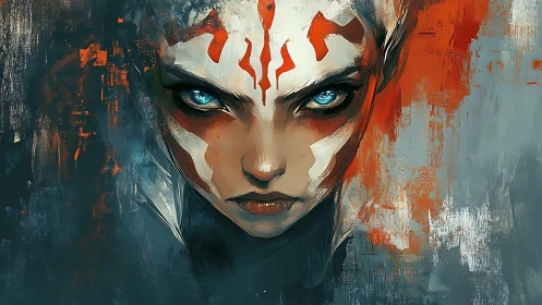 War-painted cyber mystic rendered with high-contrast brushwork focus