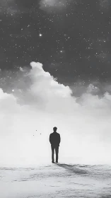 Solitary figure under expansive starry monochrome sky.