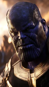 3D armored titan portrait under dramatic warm light.