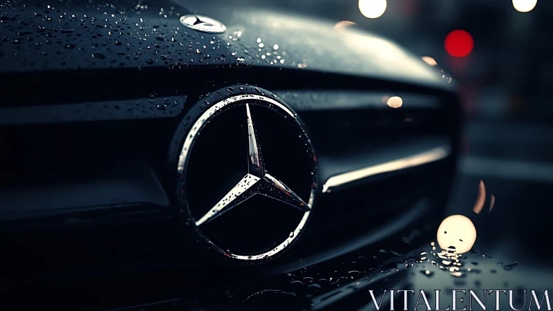 Gleaming Mercedes grille emblem in cinematic night rain.