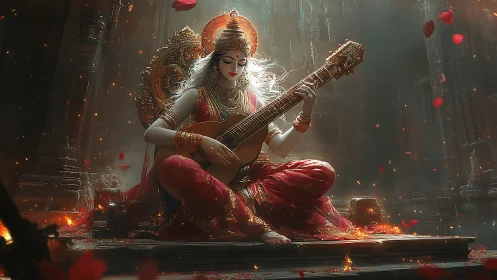 Gilded temple muse strumming firelit strings of serenity.