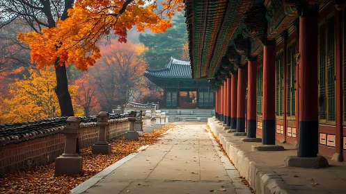 Korean palace corridor glows under rich autumn foliage.