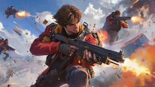 Squad of futuristic soldiers storms aerial battlefield