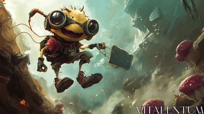 Goggled creature leaps through fungal canyon in dynamic perspective.