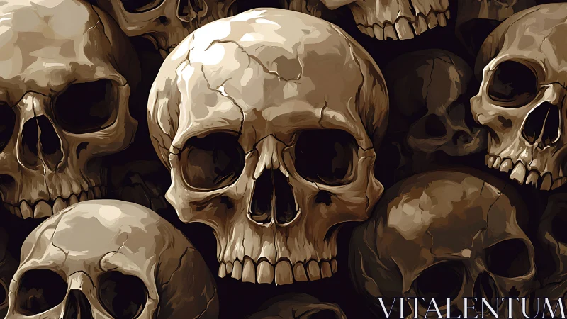 Clustered human skull illustrations in dense layered arrangement.