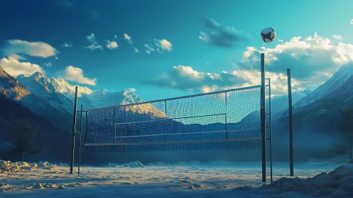 Snowy mountain volleyball court under clear blue sky.