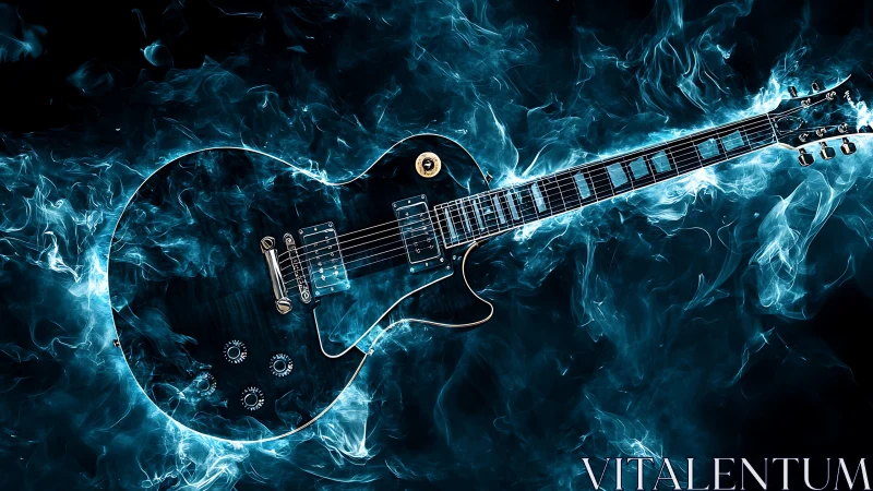 Electric guitar outlined in blue smoke on dark background.