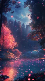 Enchanted riverside forest glows under ethereal chromatic light