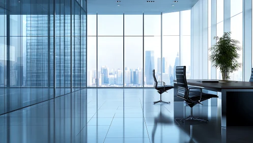 High-rise office interior with panoramic urban skyline view.