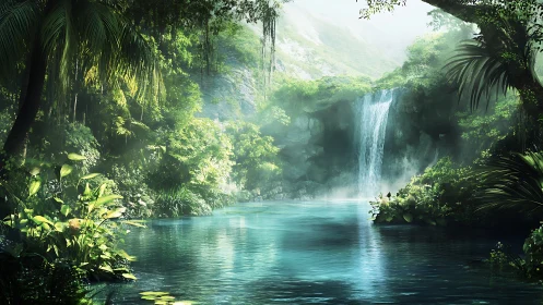 Tropical waterfall pool rendered in high-detail digital painting