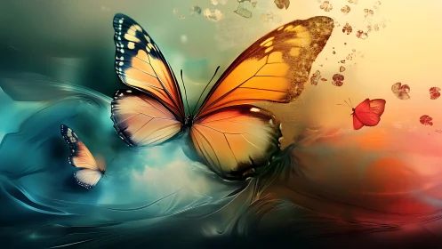 Radiant butterflies drift across a dreamy abstract sky.