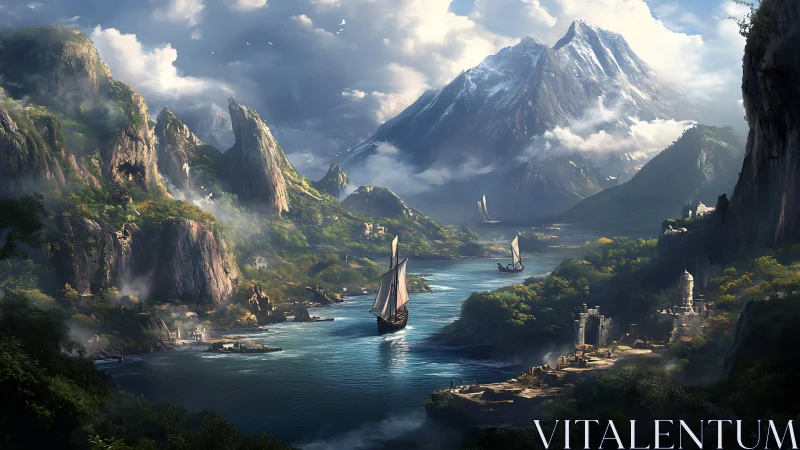 High-fantasy alpine fjord with wind-driven caravels in transit