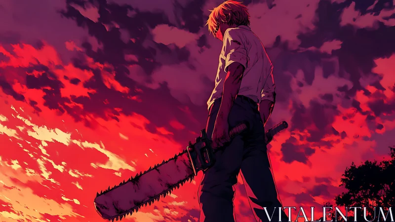 Backlit chainsaw wielder under saturated crimson storm sky