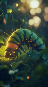 Bioluminescent forest caterpillar under cinematic macro light.