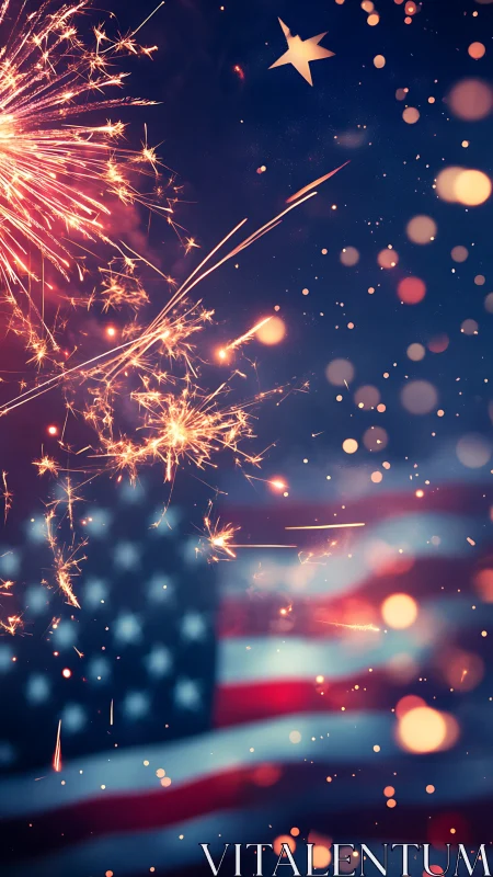 Sparklers glow over blurred American flag on dark night