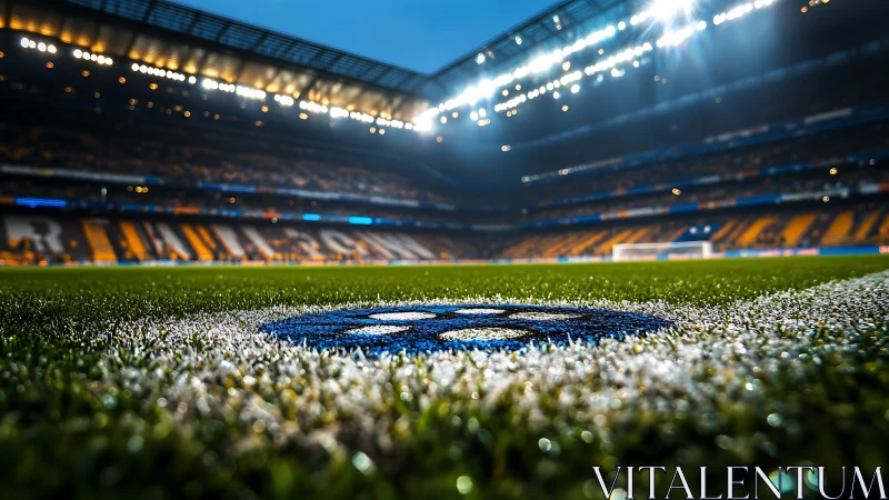 Low-angle stadium pitch study with emblematic center circle.