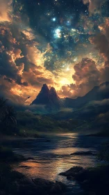 Starlit mountain valley under blazing celestial storm sky.