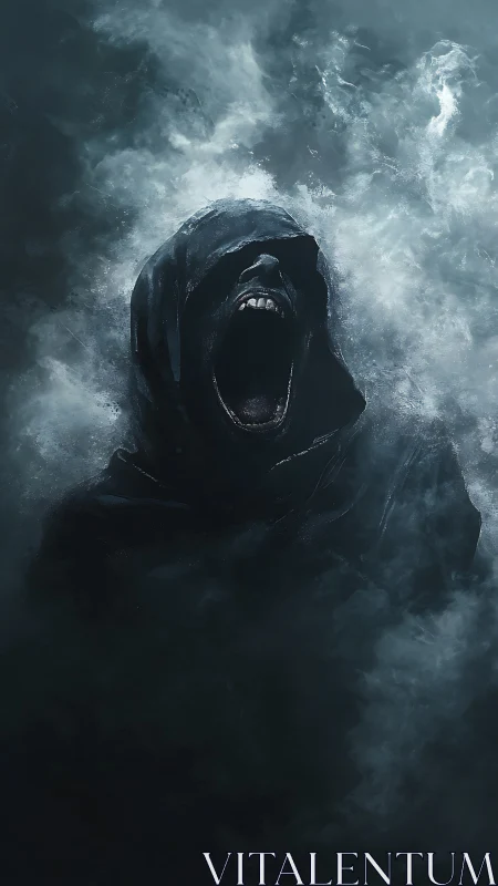 Hooded wraith screaming through swirling spectral fog.