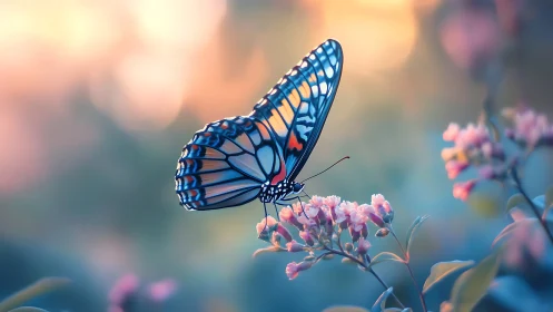 Macro study of butterfly wing pattern over pastel bokeh field