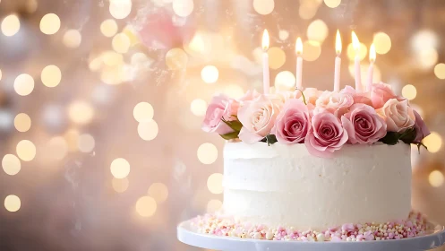 Elegant White Cake with Pink Roses and Candles.