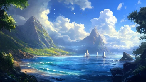 Sunlit sailboats drift gently beneath towering sea cliffs