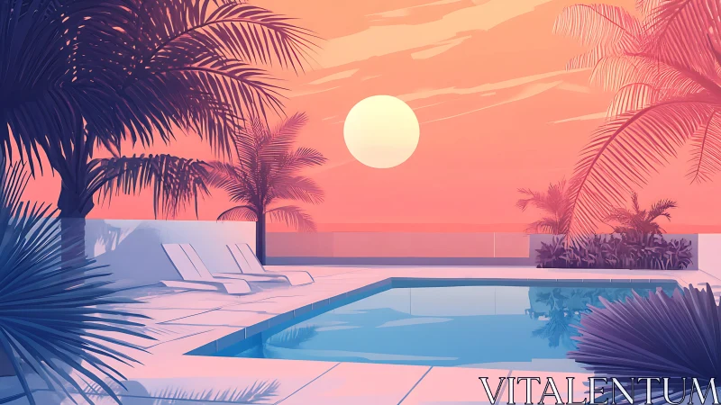 Sunset pool terrace in minimalist tropical digital painting.