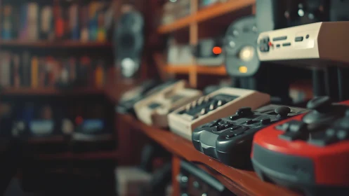 Retro gamepad parade in a cozy amber lit gamer’s den.