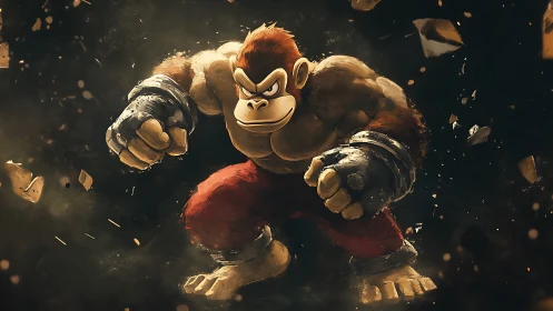 Dynamic gorilla warrior rendered in atmospheric digital painting