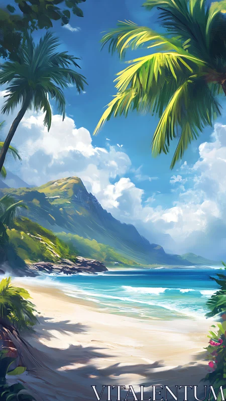 Tropical Paradise Beach with Palm Trees and Mountains.