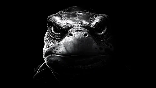 Stark monochrome turtle portrait in dramatic low key.