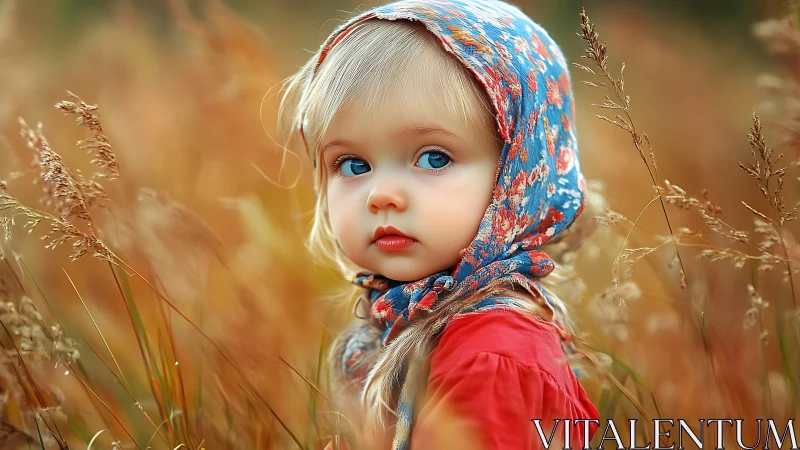 Young Girl in Traditional Headscarf Among Autumn Grasses.