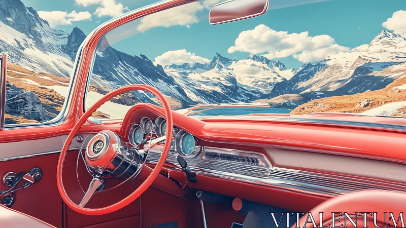 Photorealistic red convertible interior with alpine panorama.