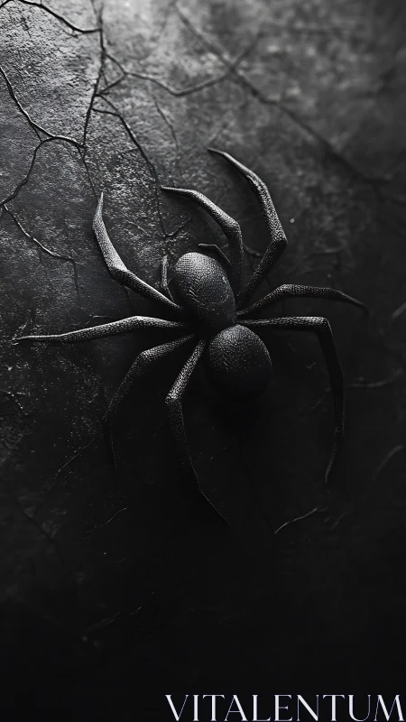 Black spider on textured dark stone surface in overhead view.