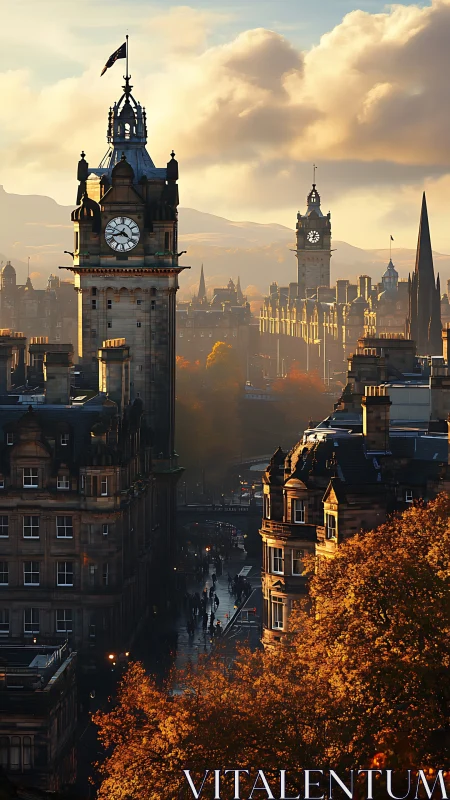 Telephoto view of autumn-lit clocktowers in historic cityscape