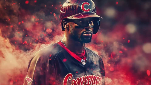 Baseball player in dark uniform amid red smoky field.