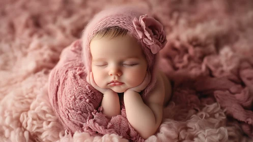Sleeping Newborn Baby in Dusty Rose Wrapping with Decorative Headband