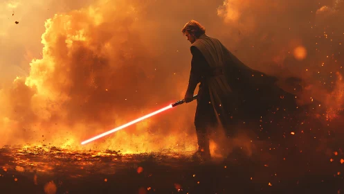 Cloaked warrior with red energy blade traverses high-temperature lava field