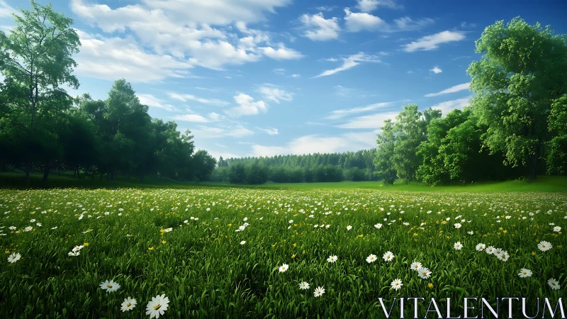 Wide-angle spring meadow panorama with daisies and treeline
