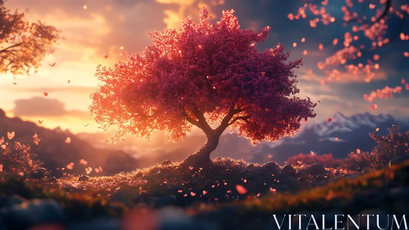 Sunlit blossom tree rendered with volumetric backlighting and bokeh