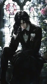Melancholic tuxedo sitter under stained glass luminance.