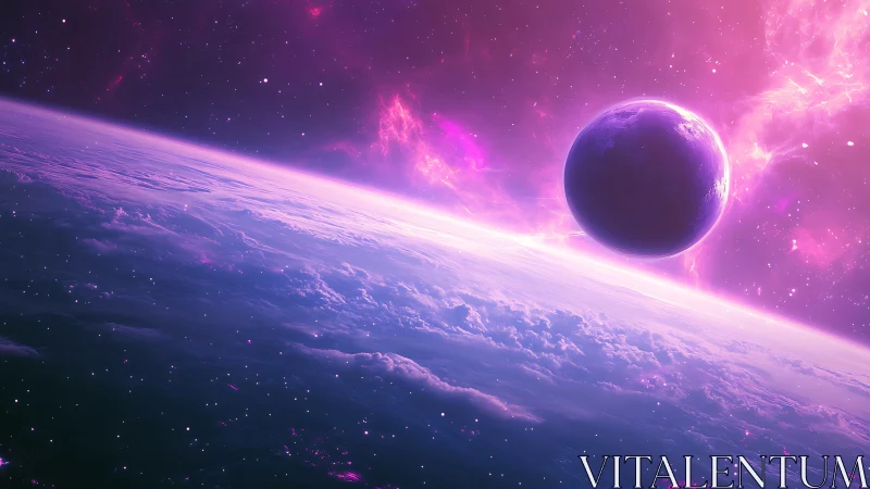 Violet horizon over cosmic clouds and a lone radiant world.