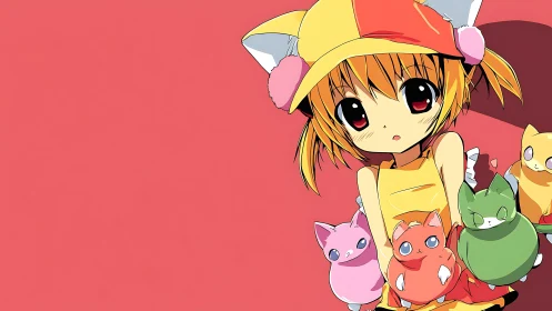 Cat-eared anime girl with colorful plush creatures.