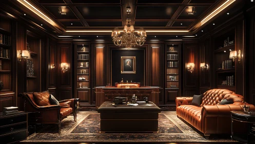 Luxurious neoclassical office with symmetrical wood paneling.
