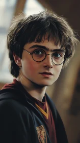 Young wizard student gazes ahead in warm mystic light.