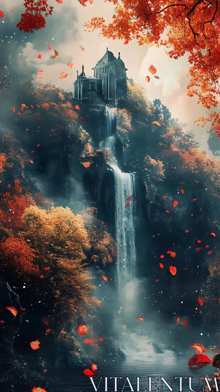 Medieval clifftop fortress above cascading autumn waterfall