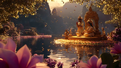 Digital painting of divine riverside ritual in lotus sanctuary.