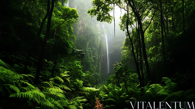 Misty Rainforest Waterfall Through Ancient Trees.