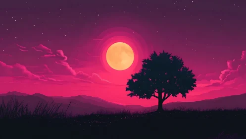 Solitary tree watches a glowing moon over magenta hills